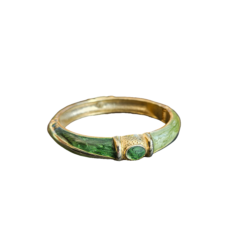 Vintage 90s Enamel Bangle Bamboo Green Gold Stunning Bracelet
