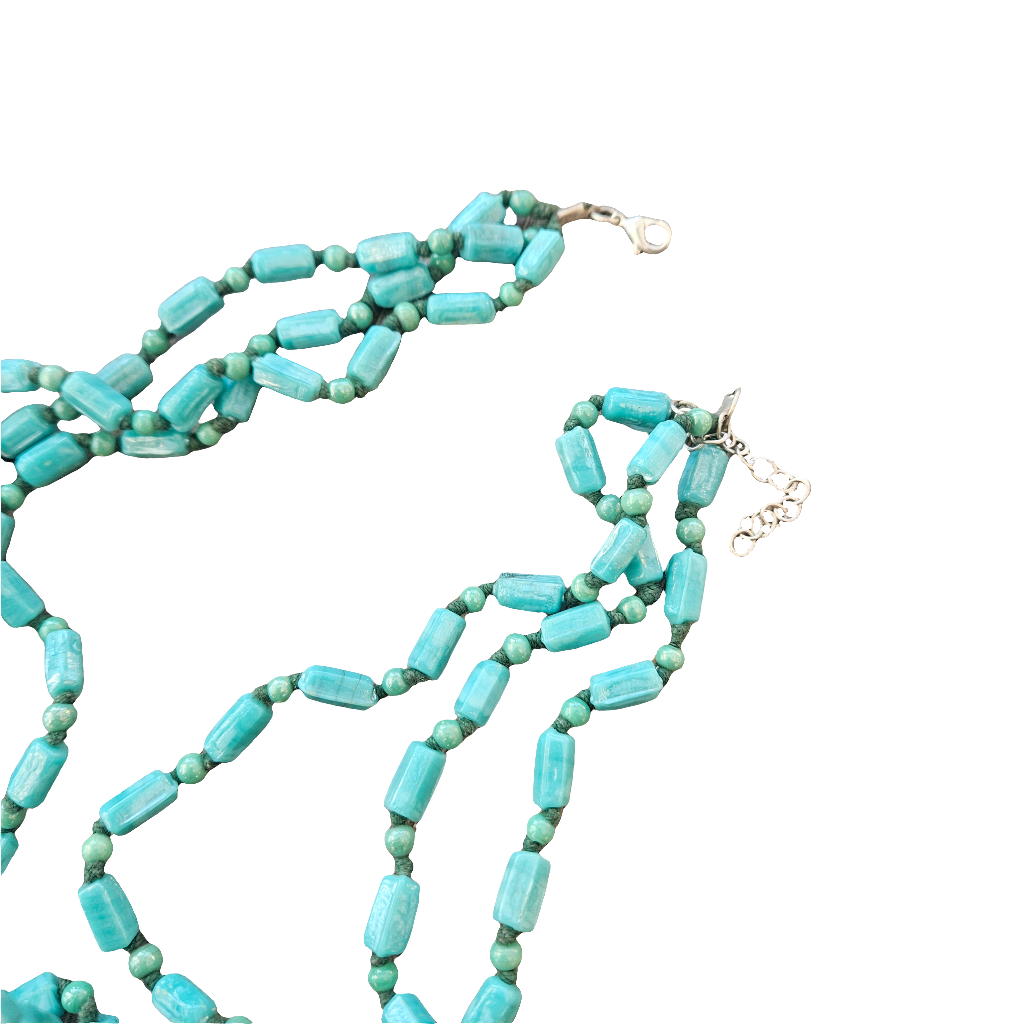 Long Turquoise Glass Necklace Vintage Jewellery Heavy Triple Strand