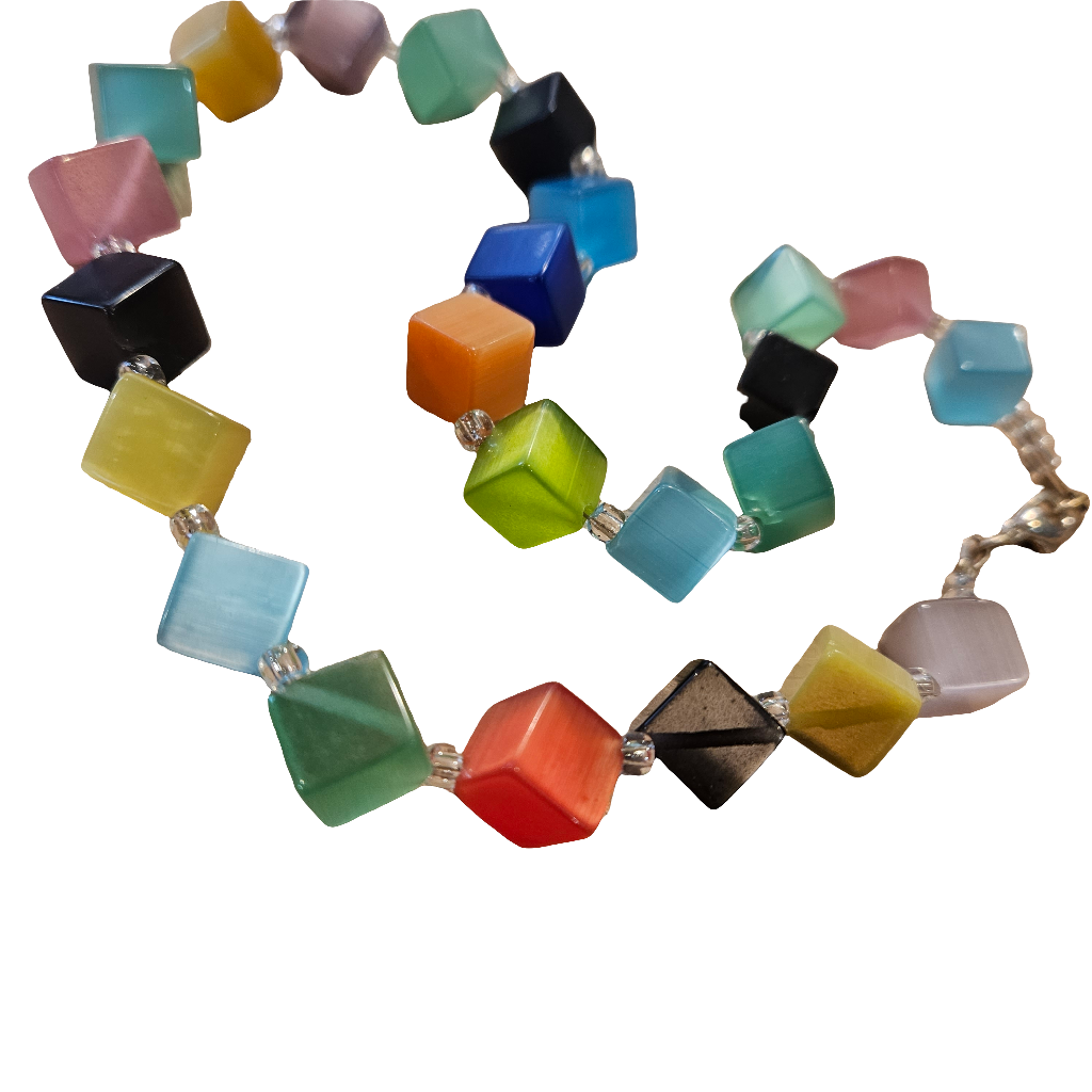 Multicolour Fibre Optic Glass Necklace Square Beads Vintage Funky Jewellery