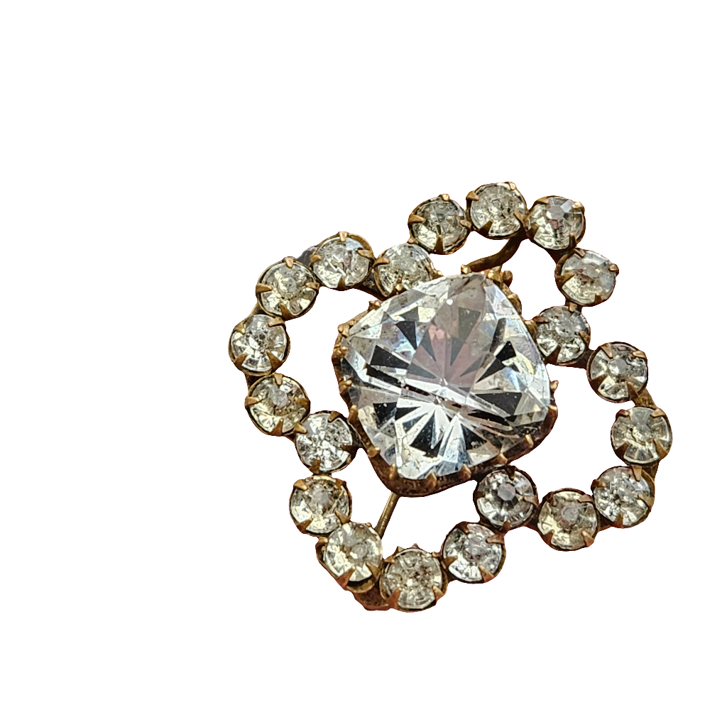 Antique Quatrefoil Brooch Large Cut Glass Crystal Gilt Pin Jewellery