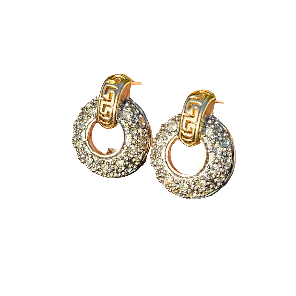 Vintage Earrings Crystal Greek Key Gold Pierced Studs Stylish High End