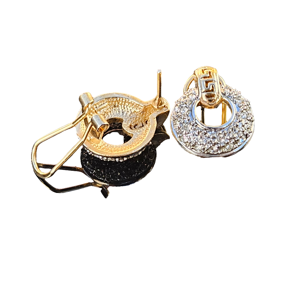 Vintage Earrings Crystal Greek Key Gold Pierced Studs Stylish High End