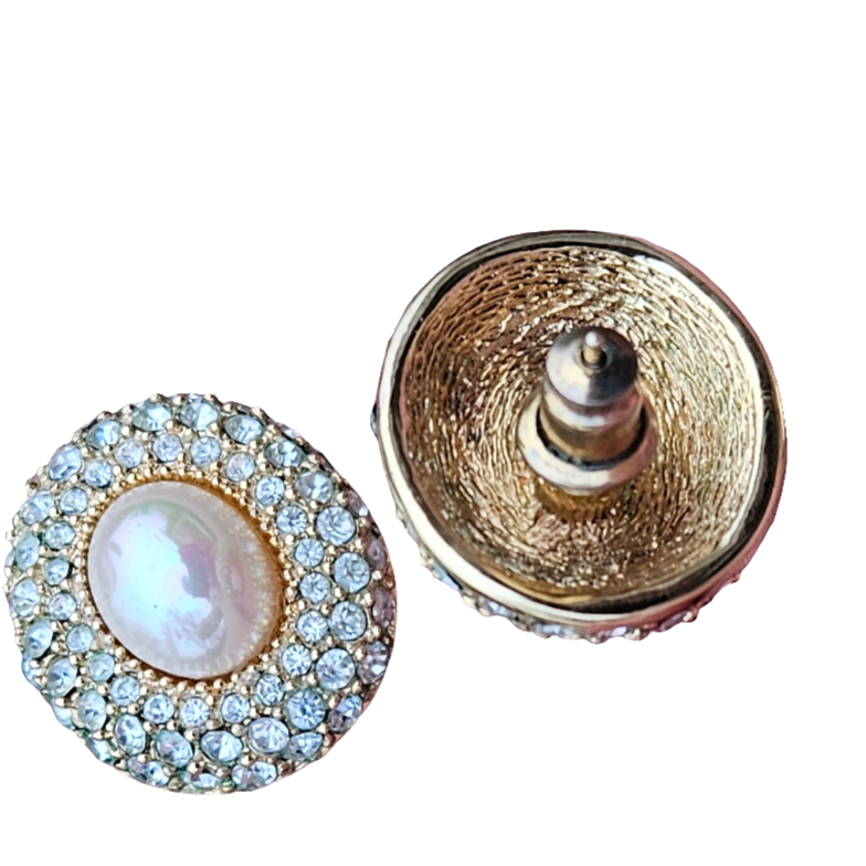 Christian Dior Earrings Pierced Studs Pearl Crystals Vintage CD Designer