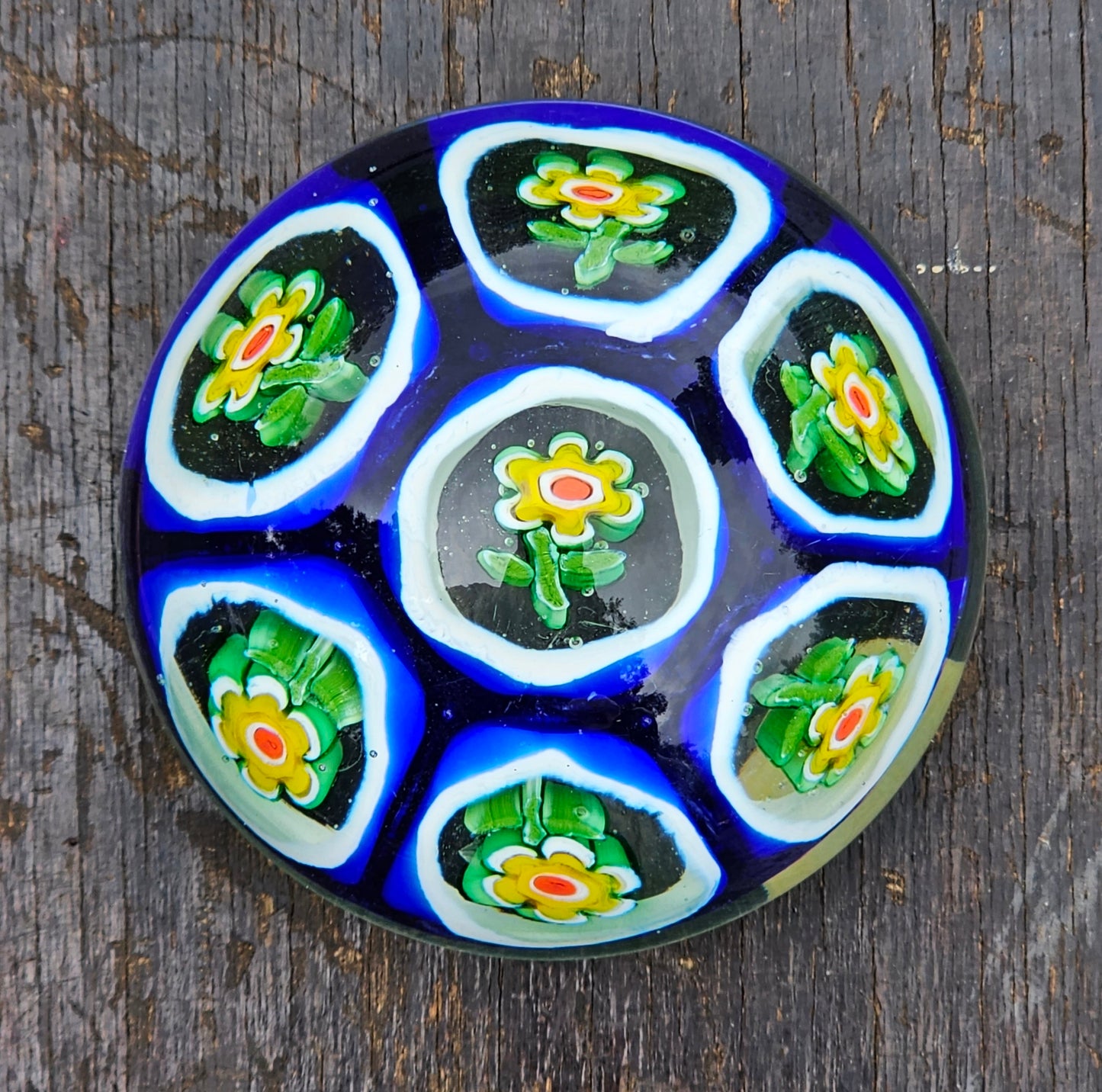 Rare Yellow Flower Murano Glass Paperweight Millifiori Vintage