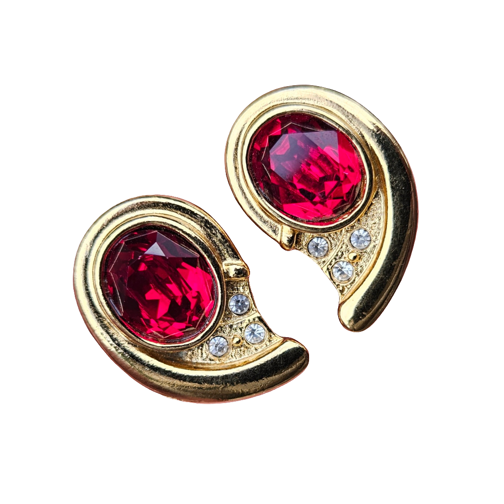 Amazing Gold Ruby Red Glass Gem Earrings 80s Clip On Designer