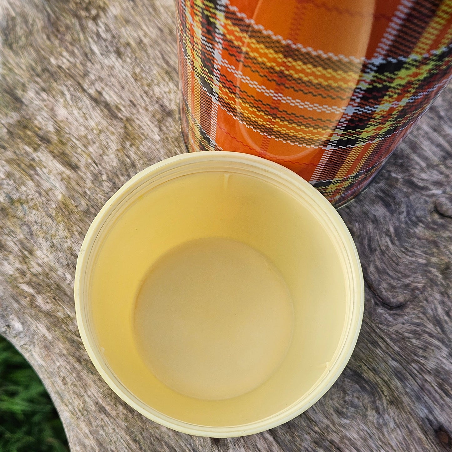 Vintage Metal Thermos Flask Orange Plaid Tartan 60s 70s Ching Kiang Brand
