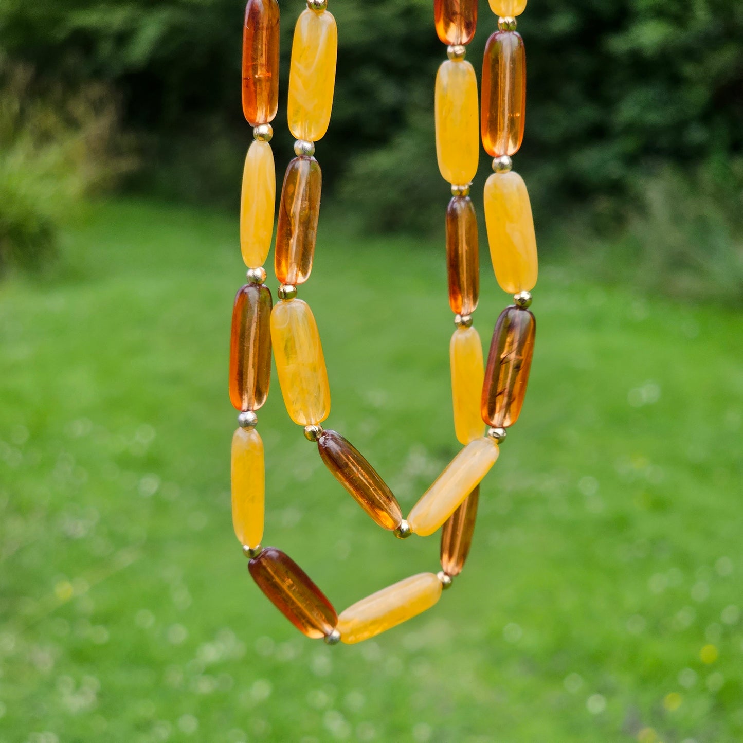 2 Tone Faux Amber Resin Beads Long Vintage Necklace
