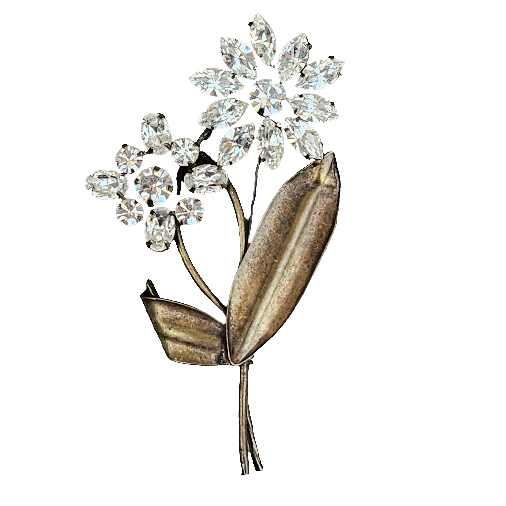 Bronze Flower Spray Brooch Rhinestone Pin Floral Jewellery Jewelry
