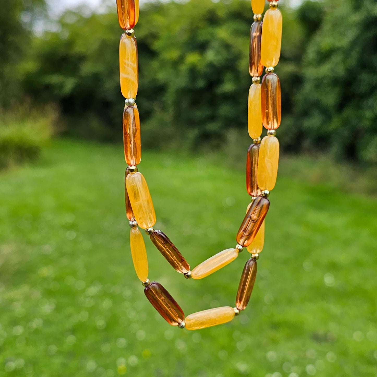 2 Tone Faux Amber Resin Beads Long Vintage Necklace