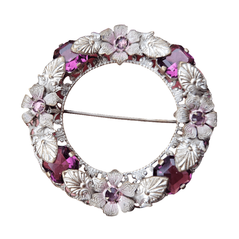 Silver Openwork Wreath Brooch Vintage Flower Pin Purple Lilac Rhinestone