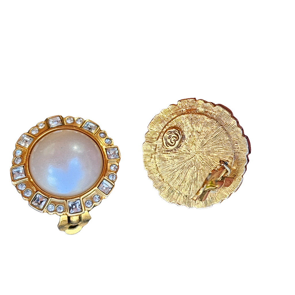 Clip On Pearl Crystal Earrings Gold Large Statement Jewellery