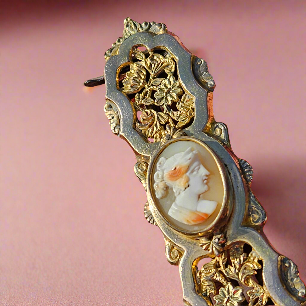Amazing 1800s French Cameo Hair Grip Gold Plated Antique Accessories