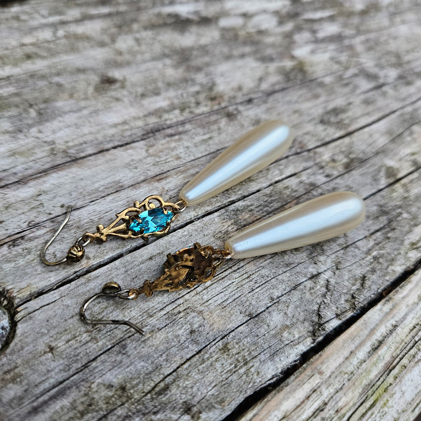 Vintage Aqua Pearl Dangle Earrings Gold Silver Stunning