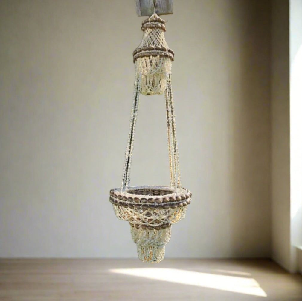 Vintage Hanging Macrame Shell Planter Boho Natural Plant Holder