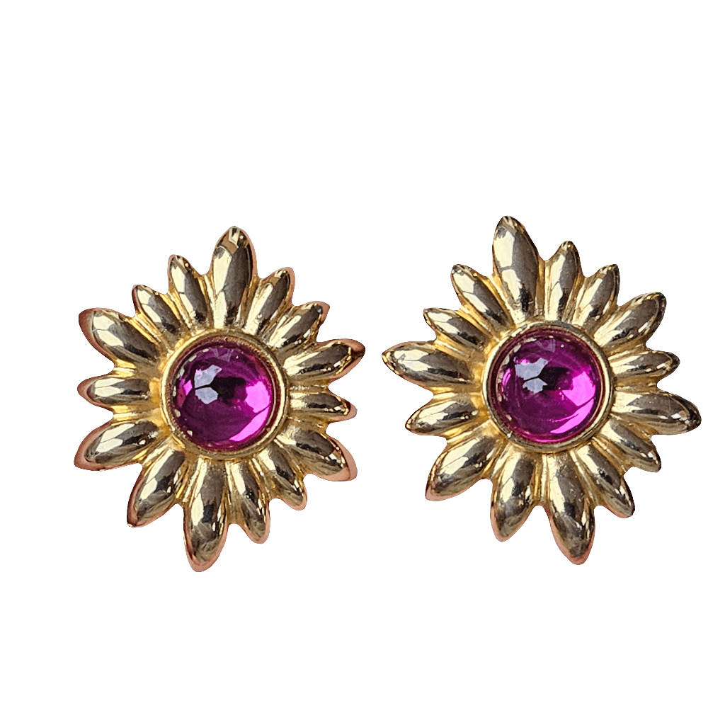 Amazing Gold Tone Pink Glass Cabochon Earrings 80s Clip On Star Flower