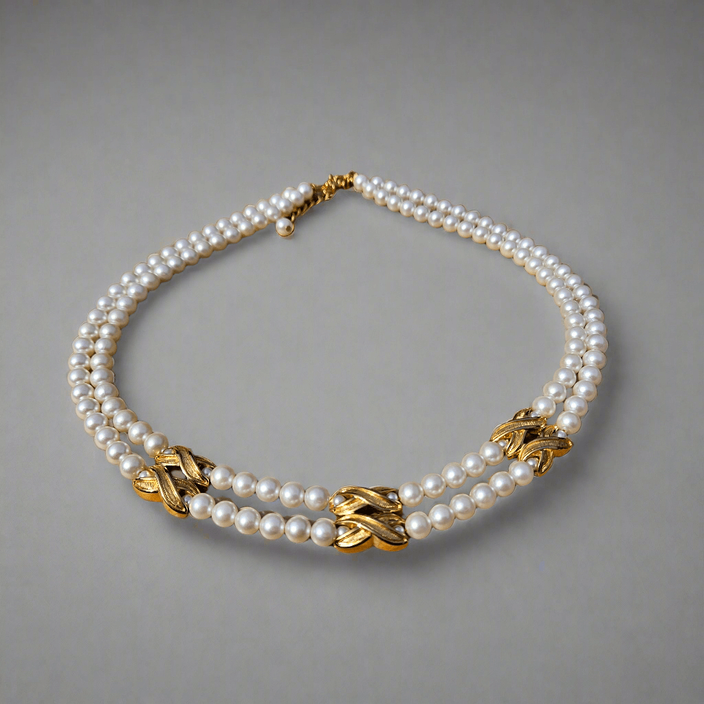 Vintage X Link Double Strand Gold Tone Pearl Necklace Designer Choker Jewellery