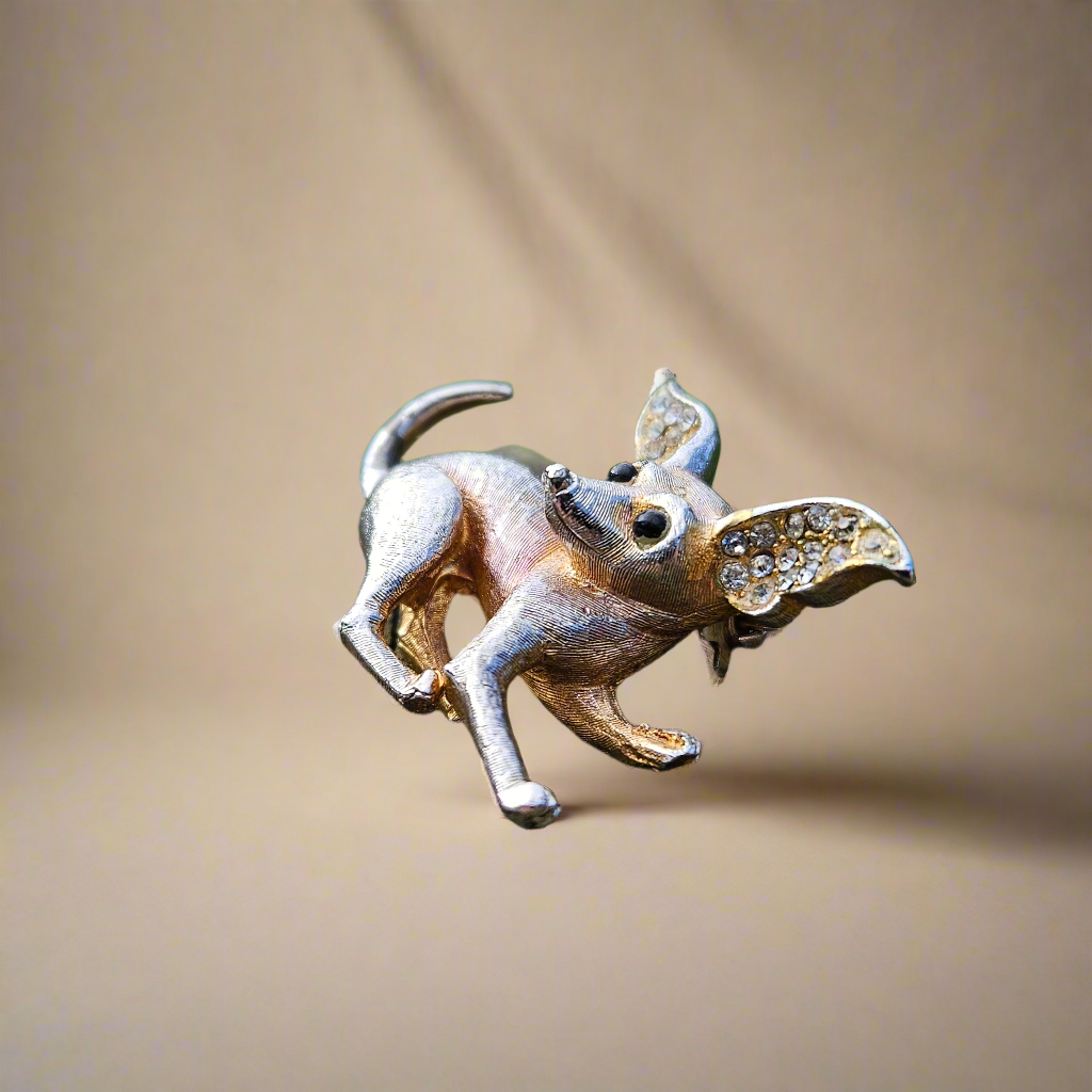 Vintage Chihuahua Brooch Crystal Gold Silver Tone Cute Dog Gift