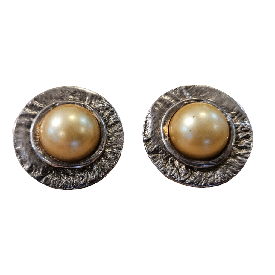 Large Silver Clip On Earrings Gold Pearl Cabochon Vintage Jewellery Jewelry 70s 80s