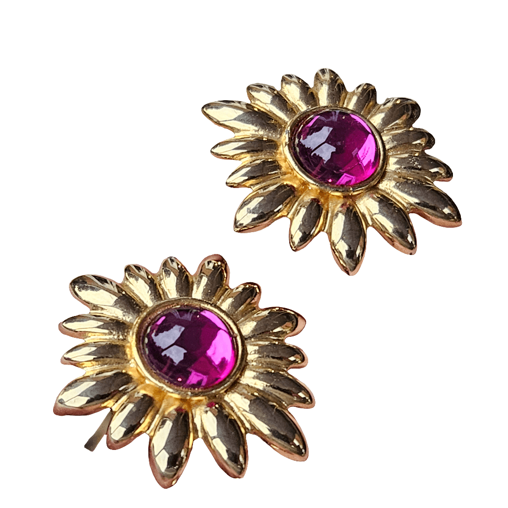 Amazing Gold Tone Pink Glass Cabochon Earrings 80s Clip On Star Flower