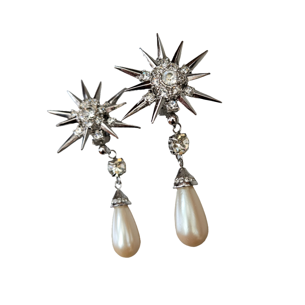 2 Piece Night And Day Butler Earrings Clip On Studs Pearl Drop Dangle Starburst Atomic