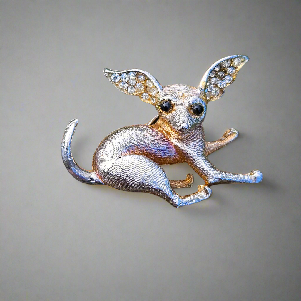 Vintage Chihuahua Brooch Crystal Gold Silver Tone Cute Dog Gift