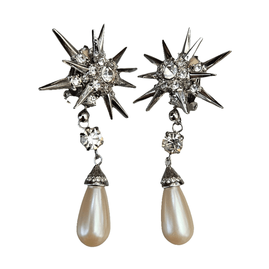 2 Piece Night And Day Butler Earrings Clip On Studs Pearl Drop Dangle Starburst Atomic