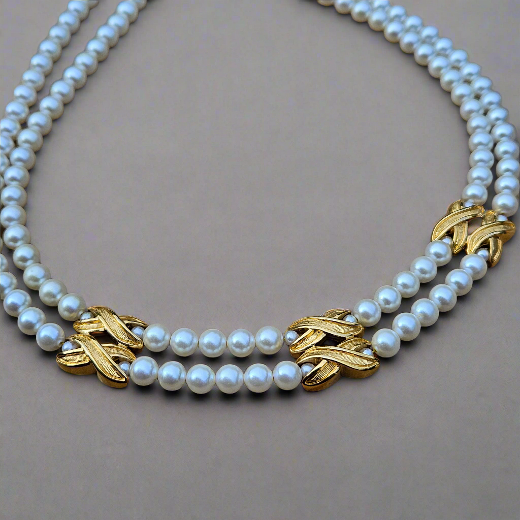 Vintage X Link Double Strand Gold Tone Pearl Necklace Designer Choker Jewellery