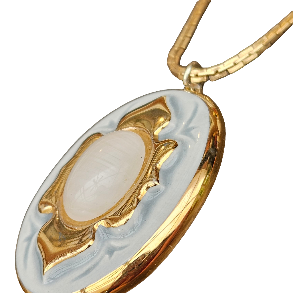 Cute Vintage Pendant Necklace Ceramic Hand Painted Gold Plated
