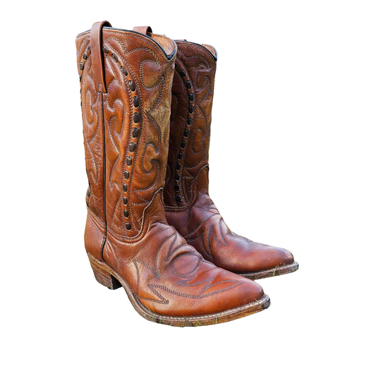 Genuine Cowboy Boots American Vintage Shoes Brown Leather Size 8D