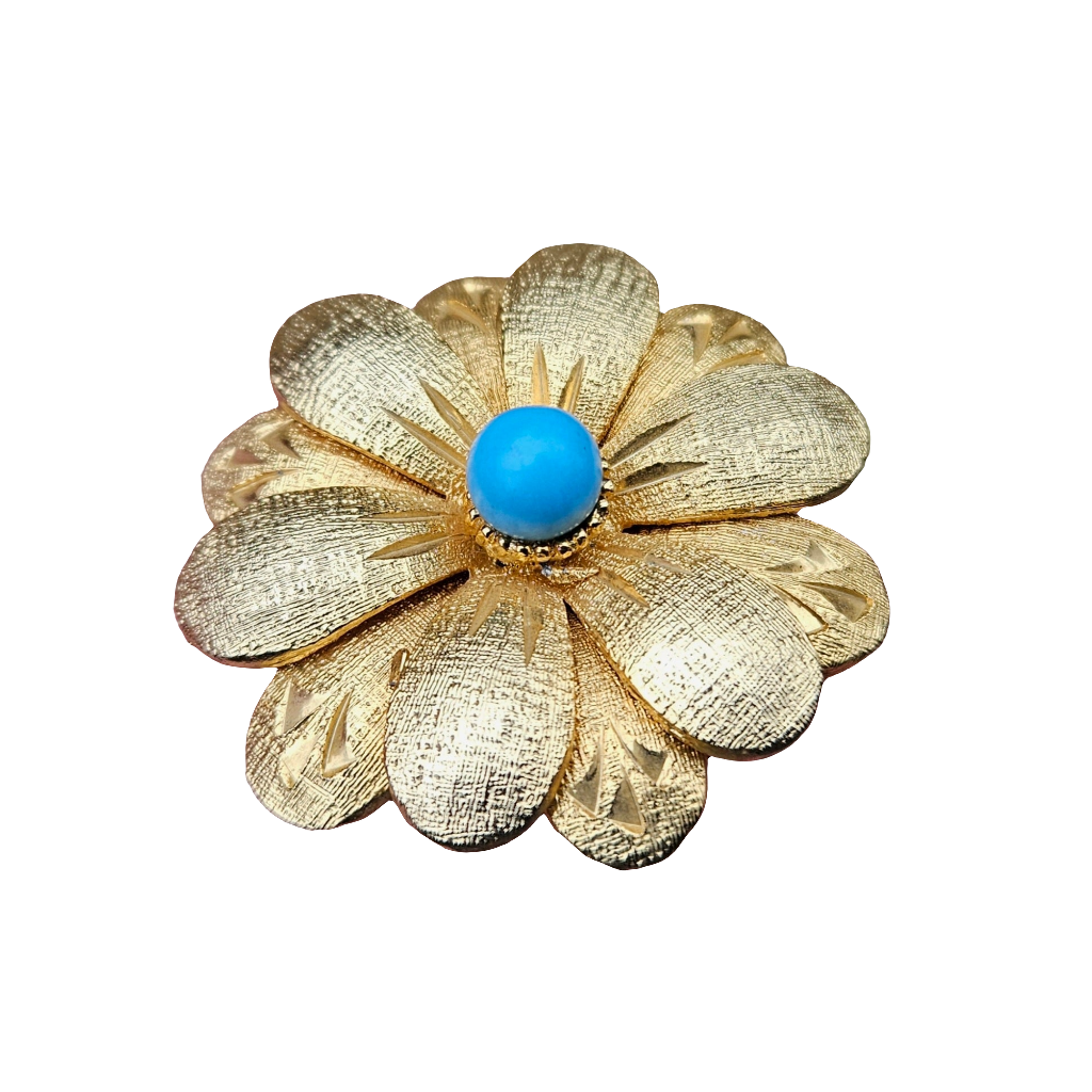 Vintage Matte Gold Turquoise Flower Brooch Designer Pin Numbered