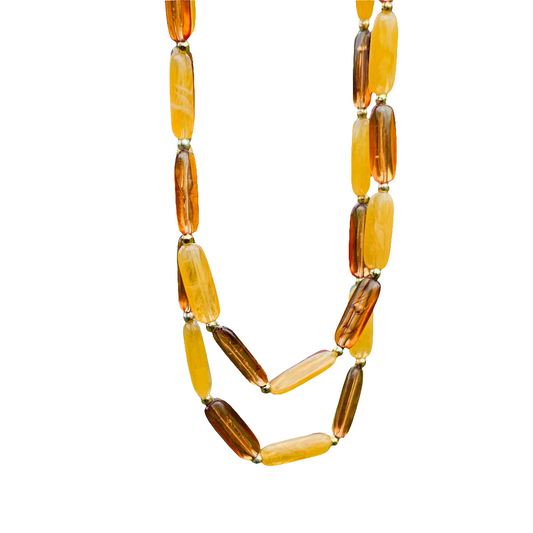 2 Tone Faux Amber Resin Beads Long Vintage Necklace