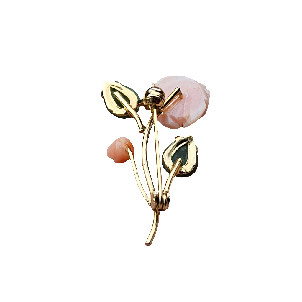 Coral Jade Gold Plated Rose Brooch Vintage Classic Flower Jewellery