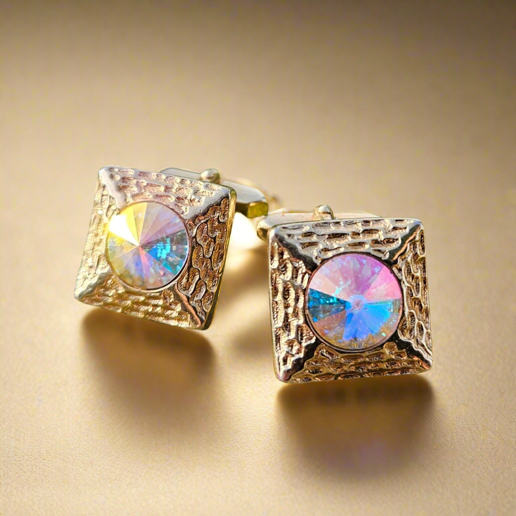 Jazzy Pink Blue Iridescent Glass Cufflinks Gold Vintage Retro Gifts For Men Accessories