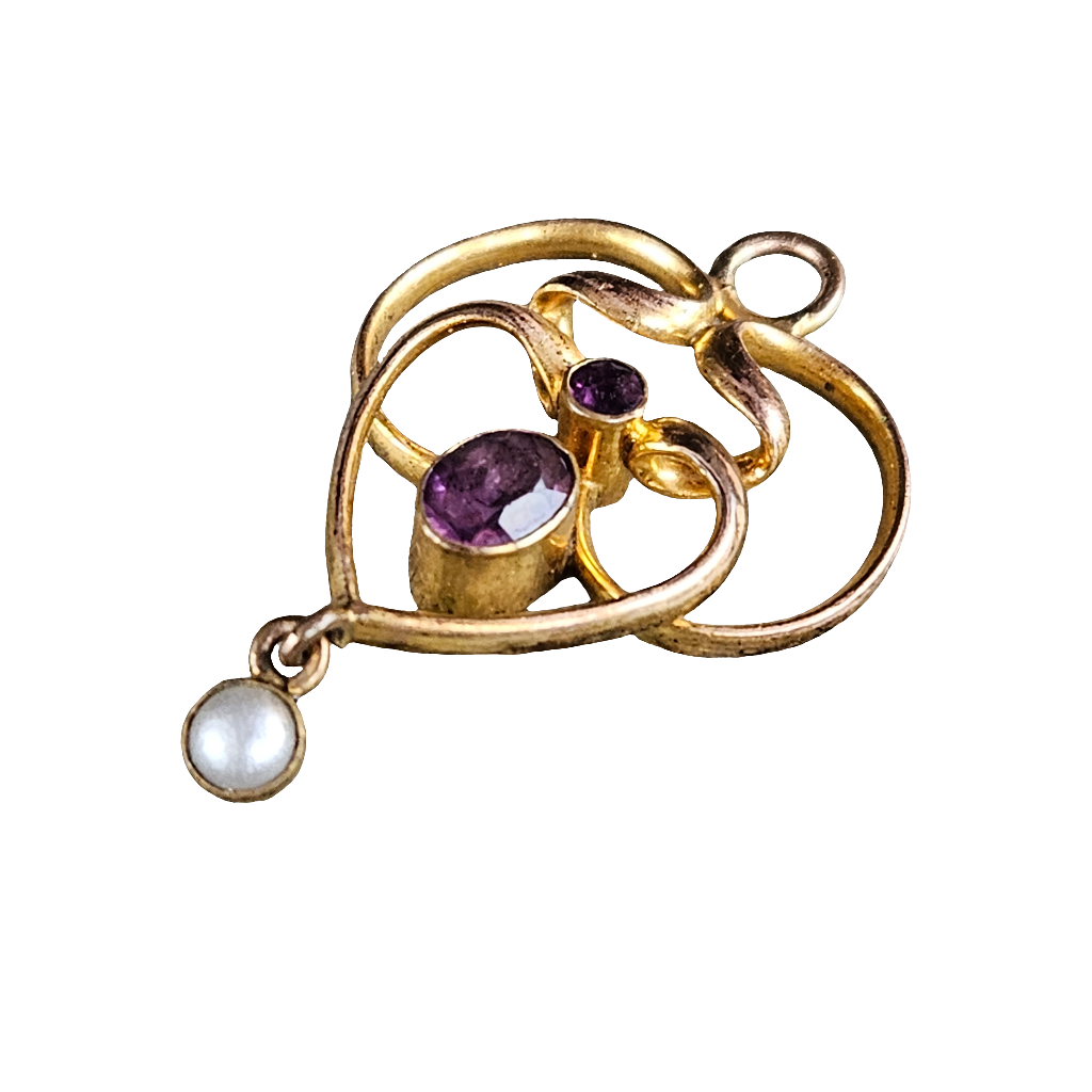 Art Nouveau Pendant Gold Plated Amethyst And Pearl Drop