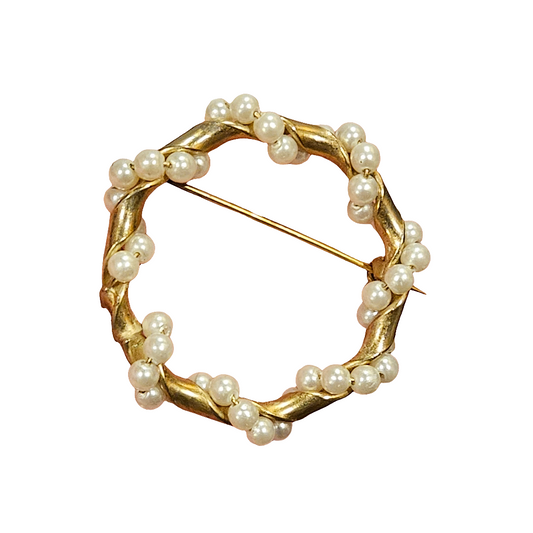 Stylish Golden Pearl Brooch Pearl Circle Woven Bridal Pin Jewellery