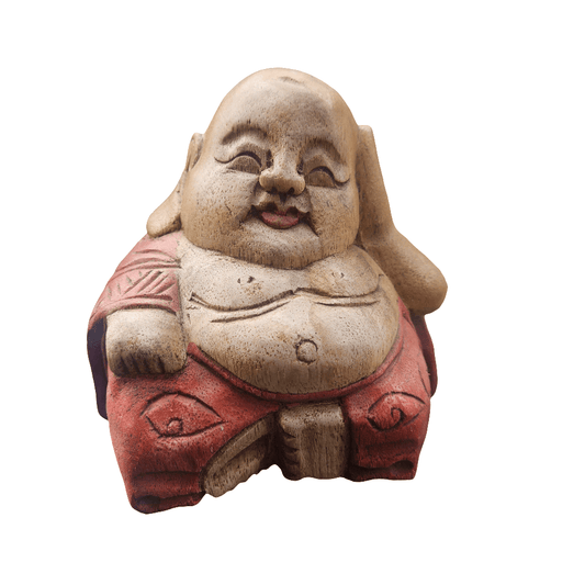 Carved Wooden Laughing Buddha Vintage Boho Decor Figurine Lucky Ornament Red