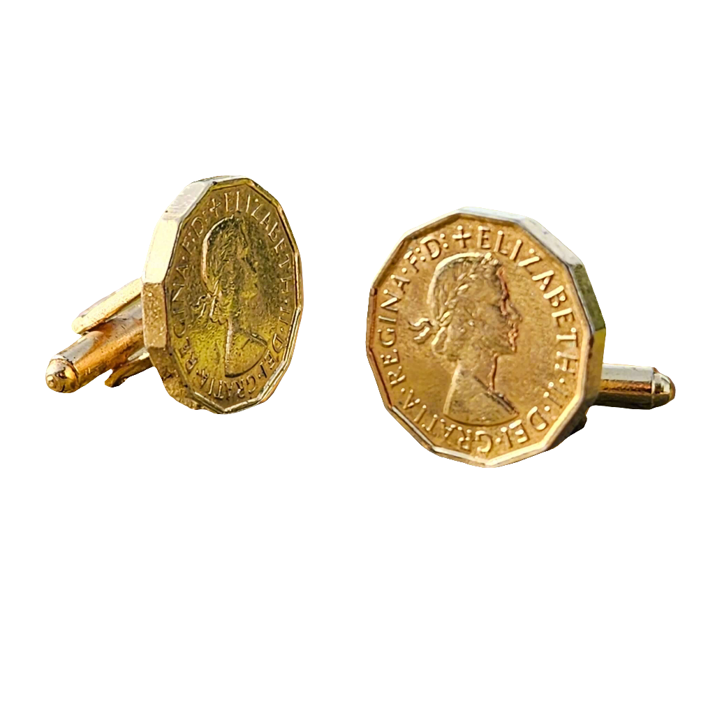 Old Three Pence Charm Cufflinks Vintage Mens Accessories Gold Tone Gift For Him