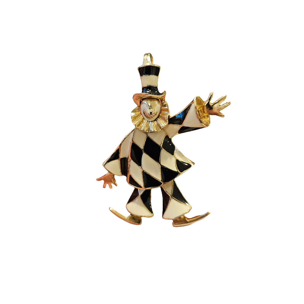 Articulated Clown Brooch Black And White Enamel Gold Pin