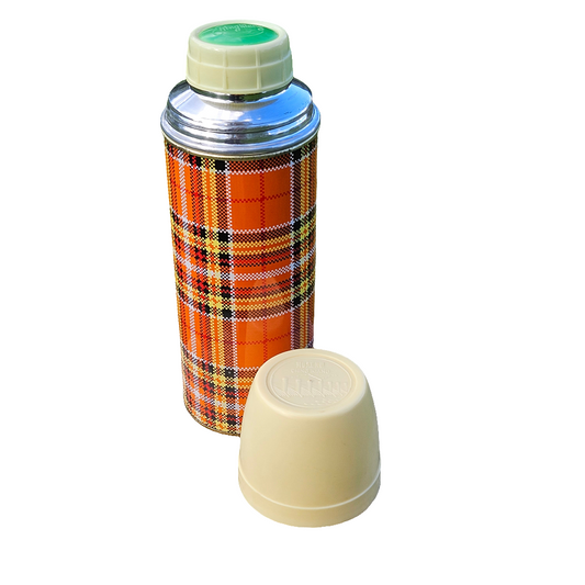Vintage Metal Thermos Flask Orange Plaid Tartan 60s 70s Ching Kiang Brand