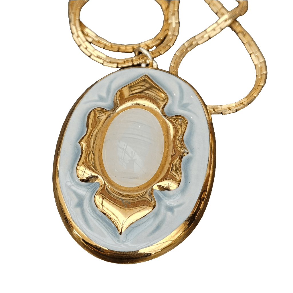 Cute Vintage Pendant Necklace Ceramic Hand Painted Gold Plated
