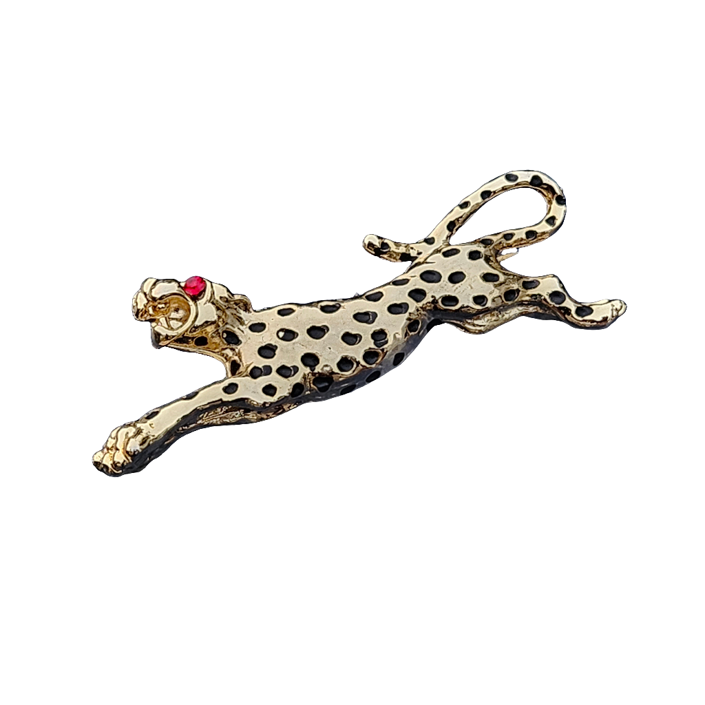 Glam 80s Leopard Brooch Gold Rhinestone Costume Jewellery Jewelry