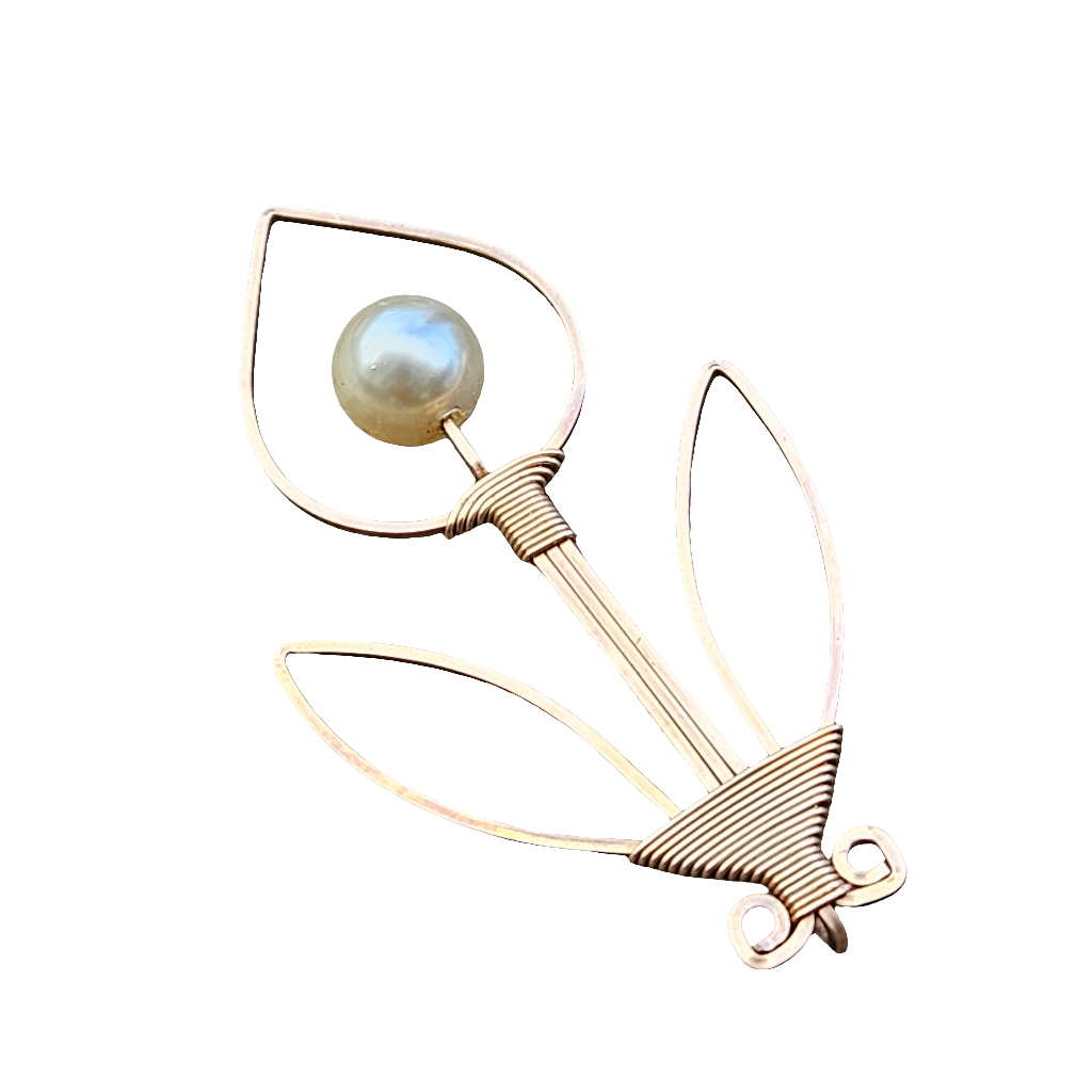 Rose Gold Wire And Pearl Brooch Stylised Flower Vintage Gift