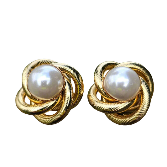 Vintage Gold Plated Pearl Clip On Earrings Bridal Designer Statement