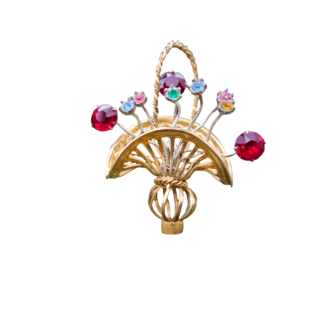 Crystal Flower Bouquet Basket Brooch Pin Gold Vintage Jewellery 50s 60s