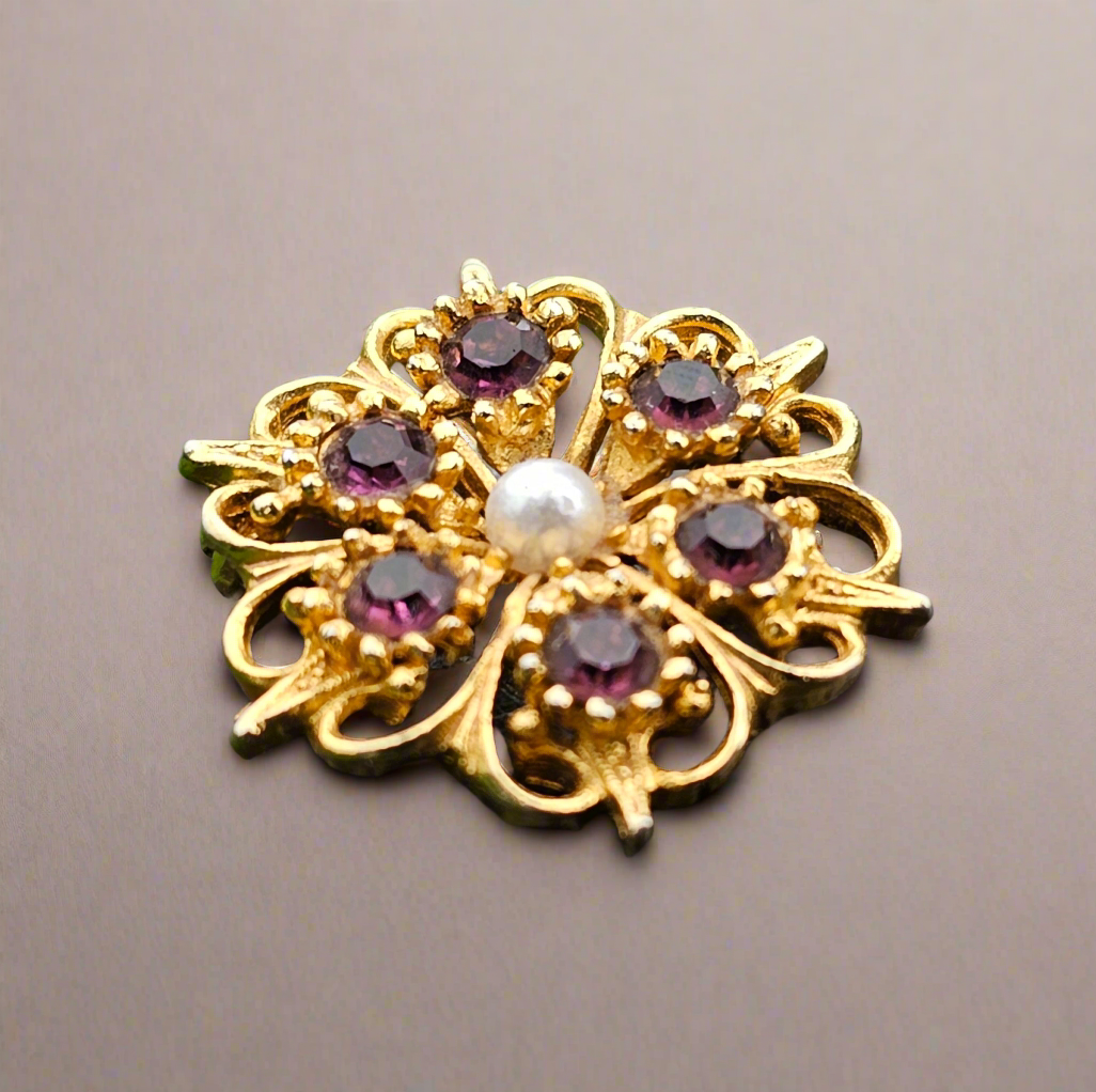 Diamante Brooch Gold Plated Vintage Jewellery Ruby Pink Stones