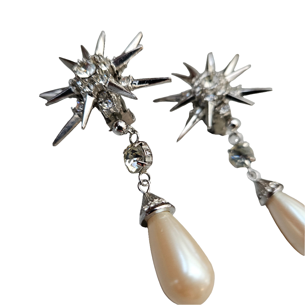 2 Piece Night And Day Butler Earrings Clip On Studs Pearl Drop Dangle Starburst Atomic