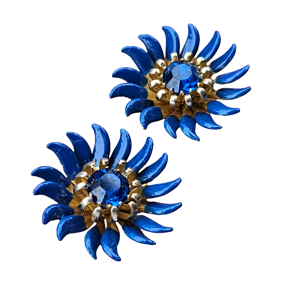 Jewelcraft Flower Earrings Clip Screw On Blue Gold Vintage