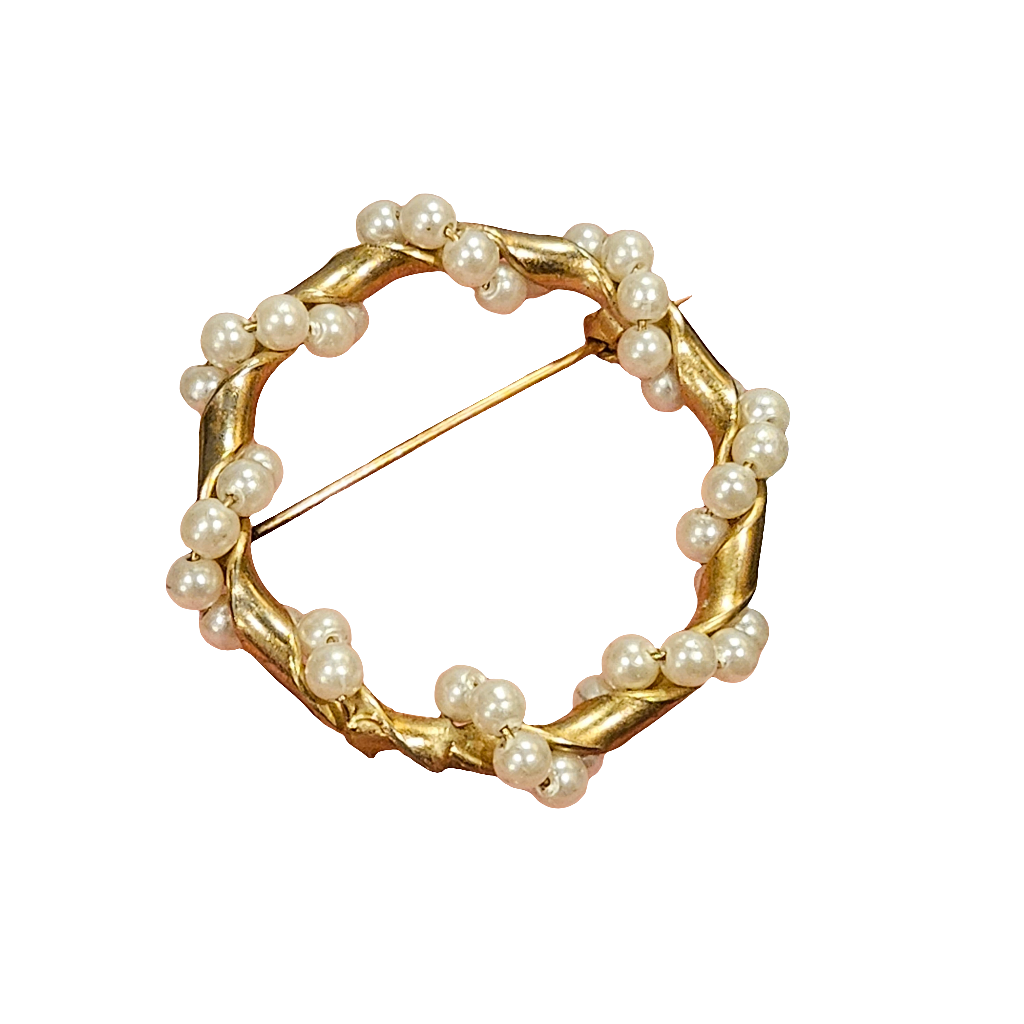 Stylish Golden Pearl Brooch Pearl Circle Woven Bridal Pin Jewellery