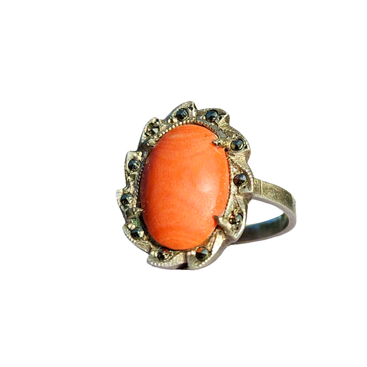 Sterling Silver Coral Marcasite Ring Vintage Red