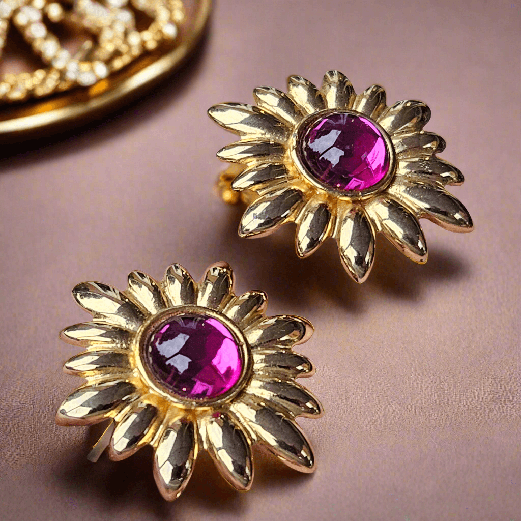 Amazing Gold Tone Pink Glass Cabochon Earrings 80s Clip On Star Flower